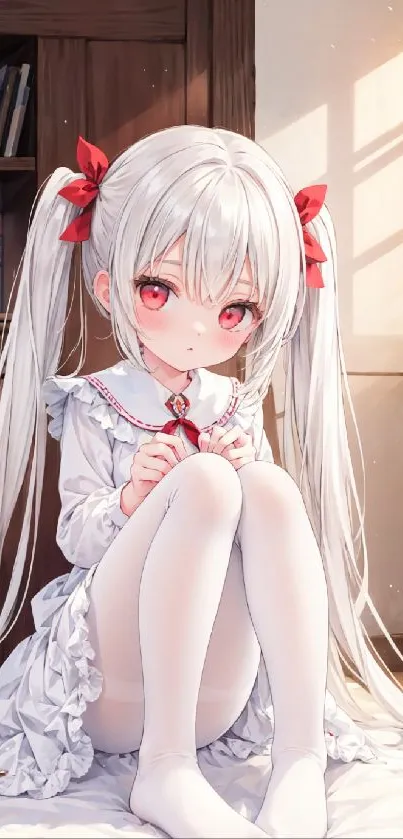 Cute anime girl with red bows and long white hair sitting in a sunlit room.