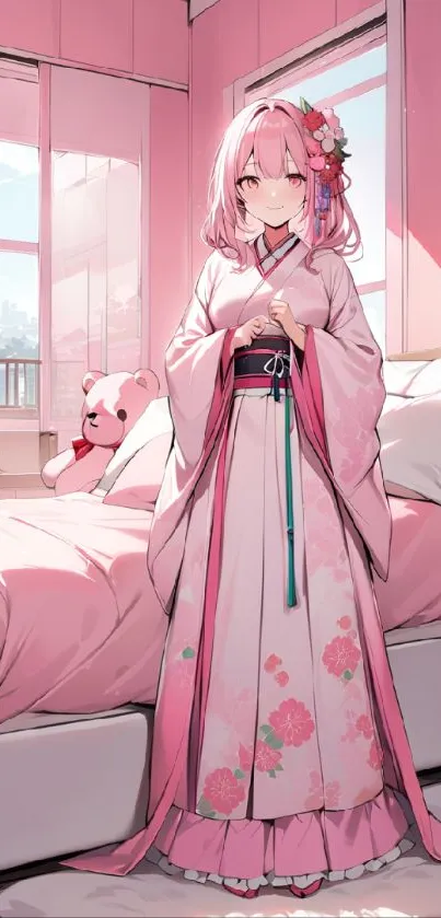 Anime girl in pink kimono in a cozy bedroom with plush toys.