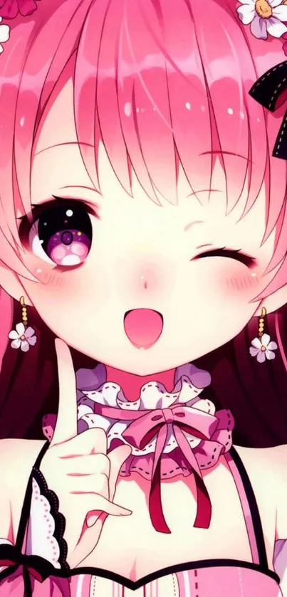 Anime girl winking with pink hair and accessories.