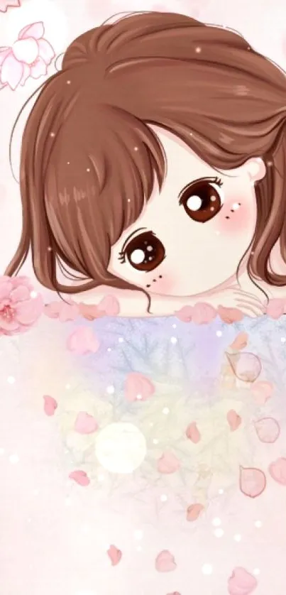 Cute anime girl with pink flowers, adorable wallpaper.