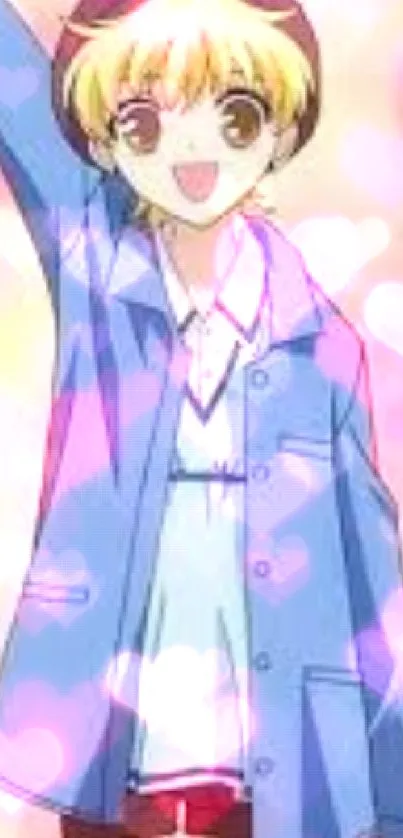 Anime girl in blue coat with pastel background.