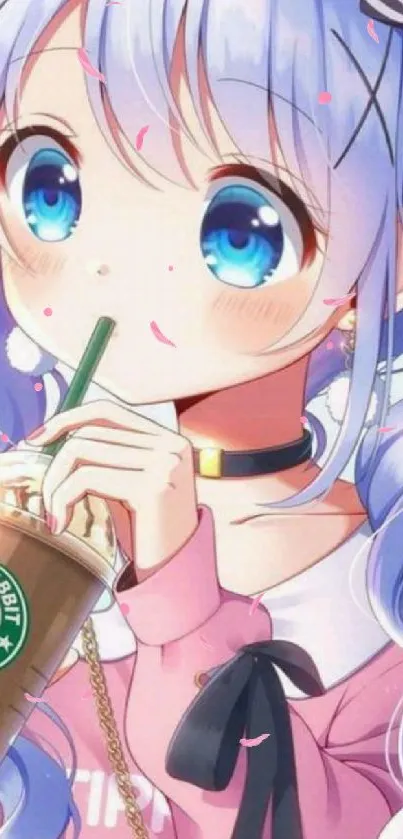 Cute anime girl in pink drinking a beverage on a mobile wallpaper.