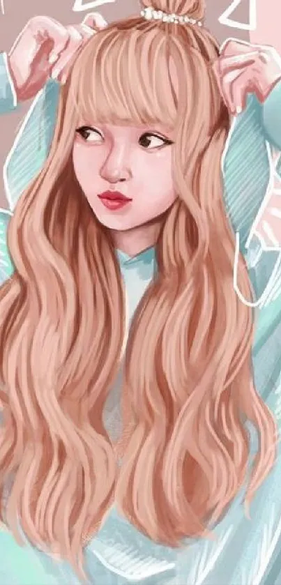 Anime girl in pastel hoodie illustration with long hair.