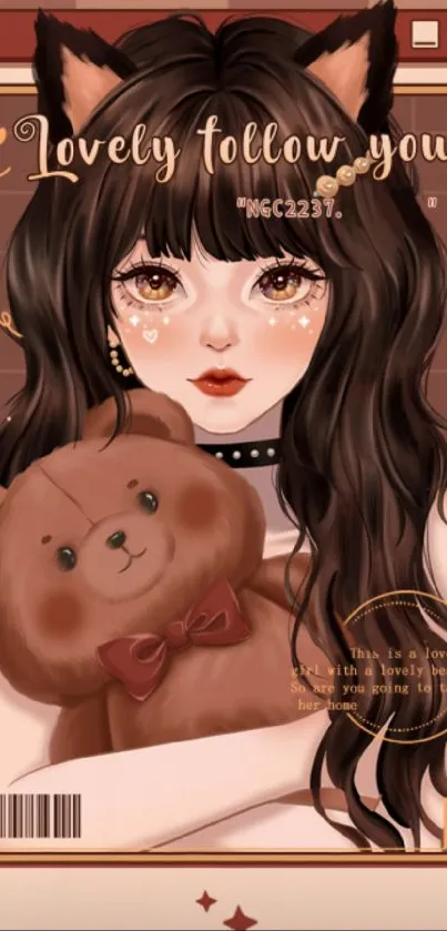 Charming anime girl with bear in kawaii style wallpaper.