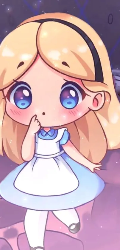 Adorable anime girl with big blue eyes in a classic dress, perfect for phone wallpaper.