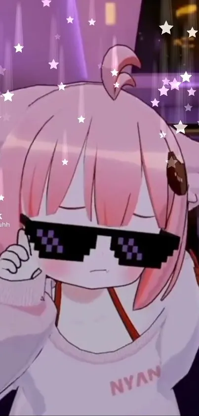 Anime girl with pink hair and sunglasses in a playful pose.