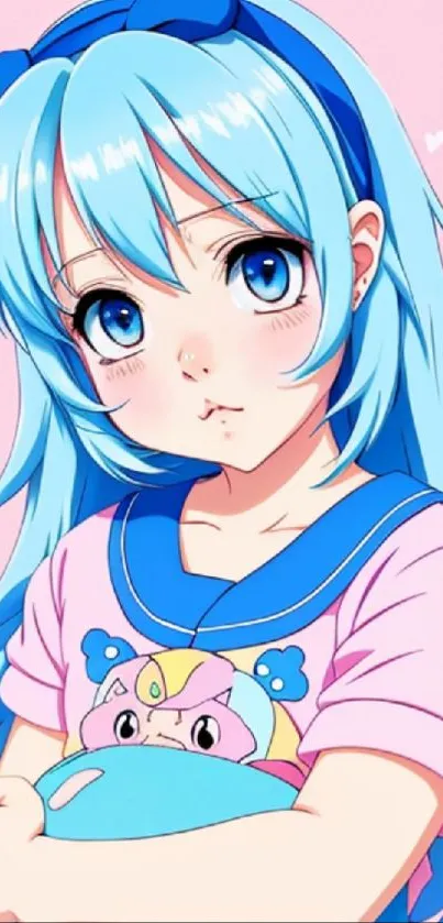 Anime girl with blue hair on a light pink background.