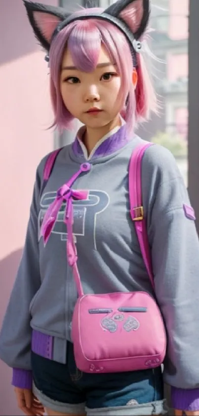 Anime girl with purple hair, cat ears, and pastel outfit.