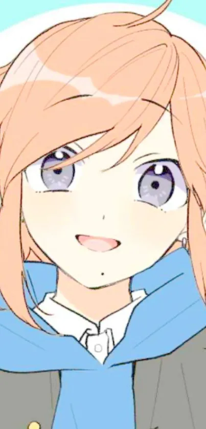 Anime girl with peach hair and blue hoodie.