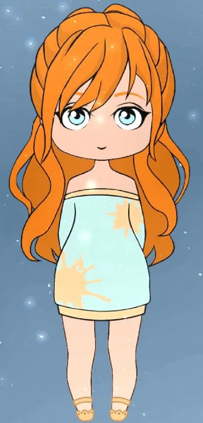 Cute anime girl with orange hair on a blue-gray background mobile wallpaper.