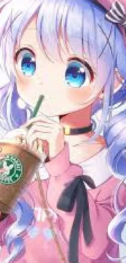 Anime girl sipping drink with blue hair and pink dress.