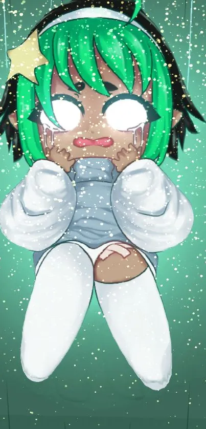 Anime girl with green hair and star accessory in a snowy scene.