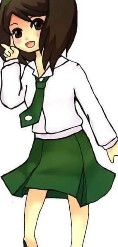 Anime girl in green uniform on white background.