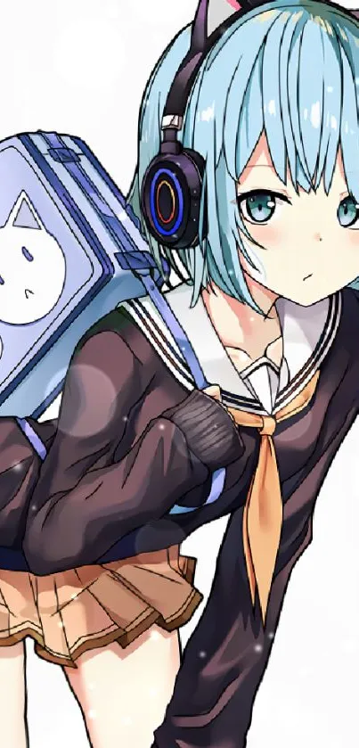 Cute blue-haired anime girl with headphones.