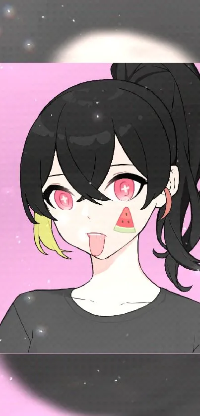 Anime girl with black hair and pink background.