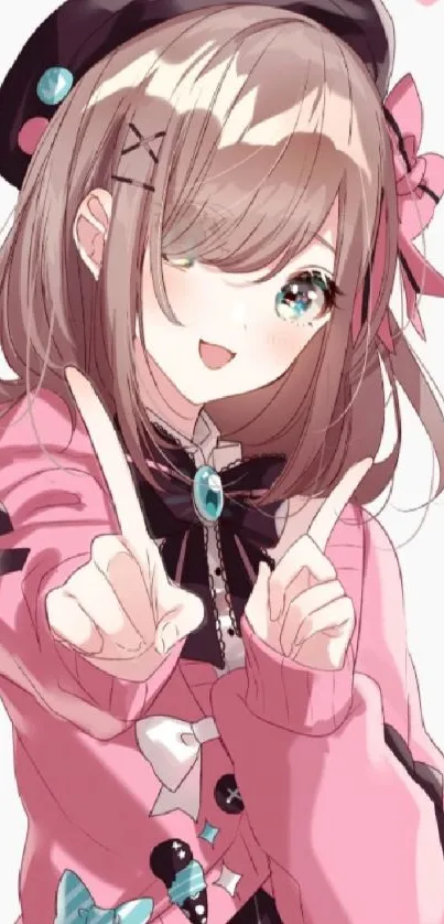 Cute anime girl with pink outfit and accessories, smiling joyfully.