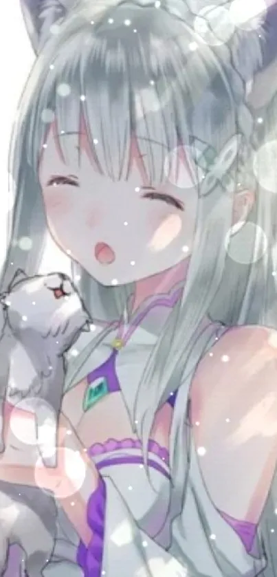 Anime girl with cat ears holding a kitten, light gray background.