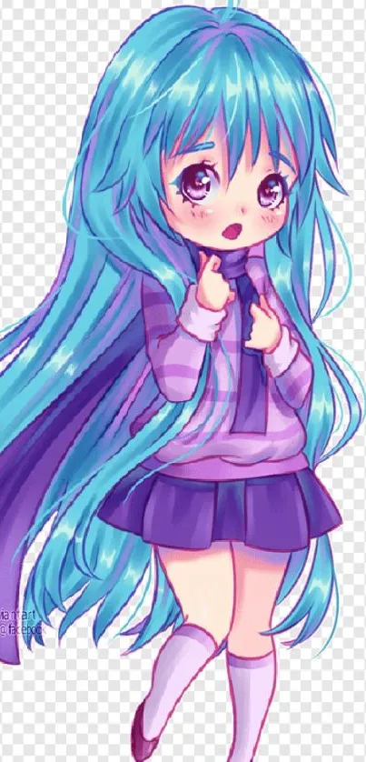 Cute anime girl with blue hair, standing.