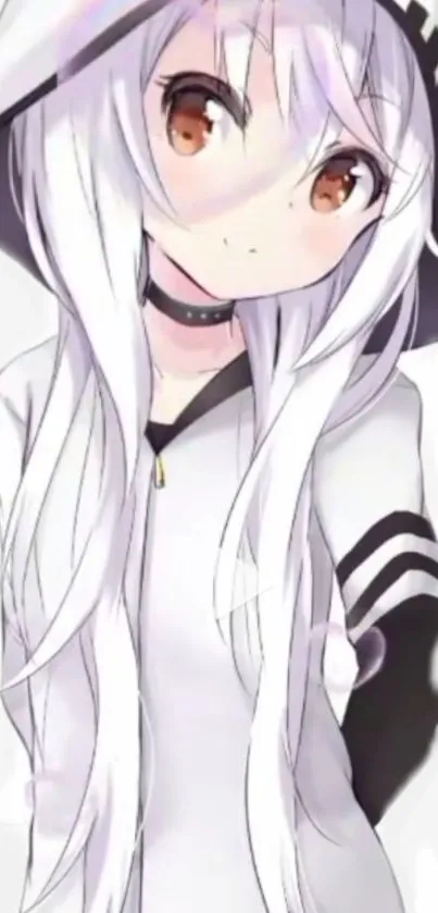 Cute anime girl with white hair and hoodie in chibi style.