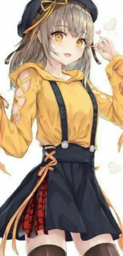 Anime girl in yellow and black outfit, stylish and cute.