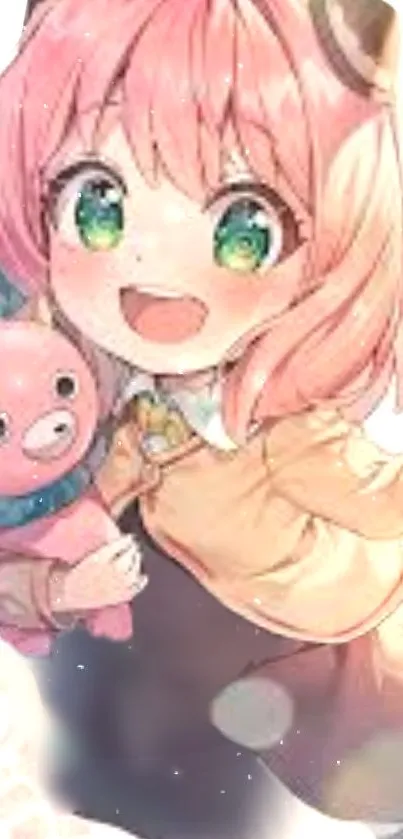 Cute anime girl with pink hair holding a toy.