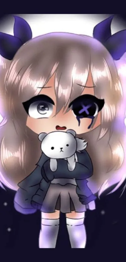 Cute anime girl holding a teddy bear in a chibi style wallpaper.