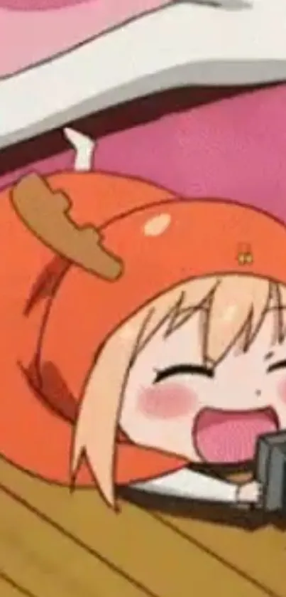 Anime girl in orange hoodie smiling and playing.