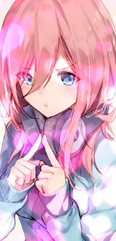 Cute anime girl with pink highlights and headphones against a pastel background.