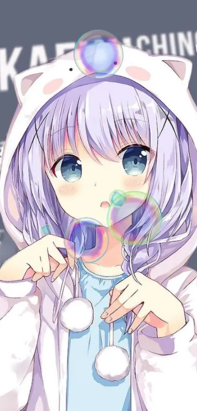 Cute anime girl with purple hair and bubbles on a phone wallpaper.