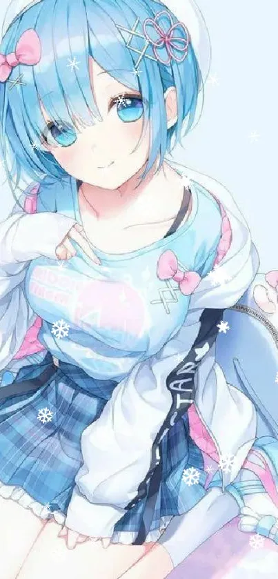 Cute anime girl with blue hair and pastel outfit on a light background.