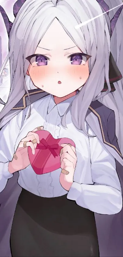 Charming anime girl holding a pink heart.