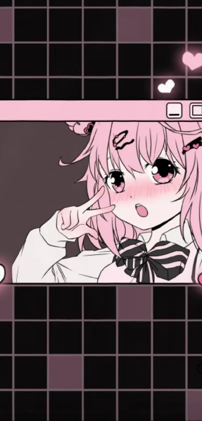 Cute anime girl in pink and black grid wallpaper.