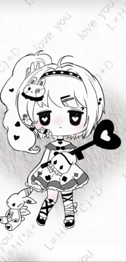 Charming anime girl in black and white with heart motifs.