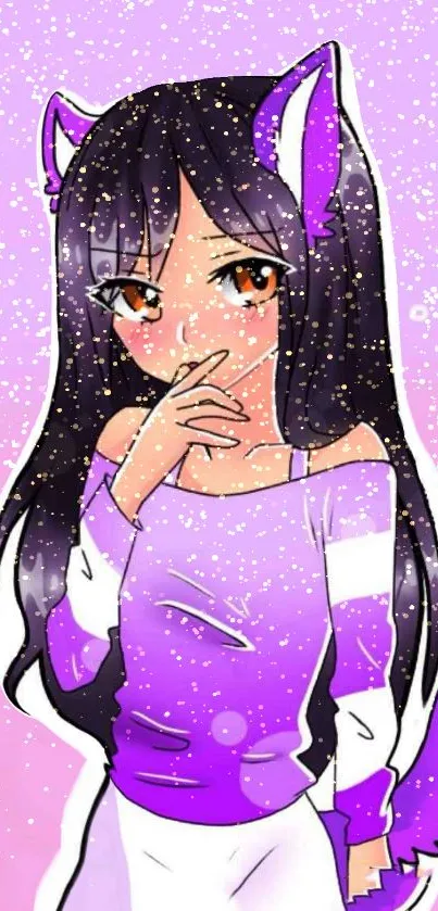 Anime girl with cat ears in purple outfit against a light purple background.