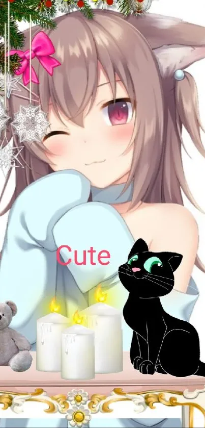 Cute anime girl with festive decor and black cat in mobile wallpaper.