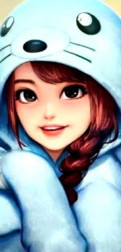 Adorable anime girl in blue animal hoodie.