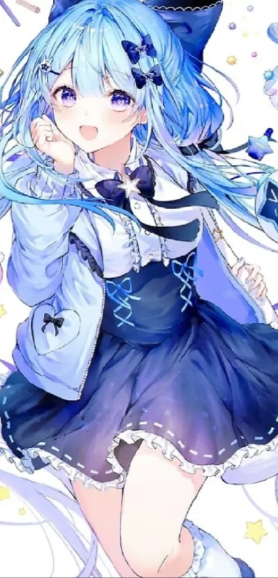 Anime girl with blue hair and dress in a cute, vibrant scene.