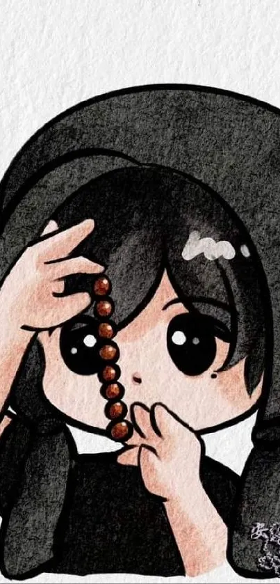 Cute anime girl with beads on textured background.