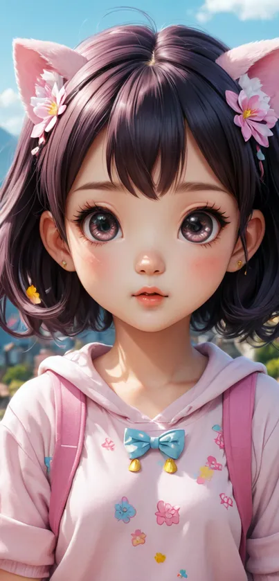 Anime-style girl portrait with pink hoodie and cat ear headband.