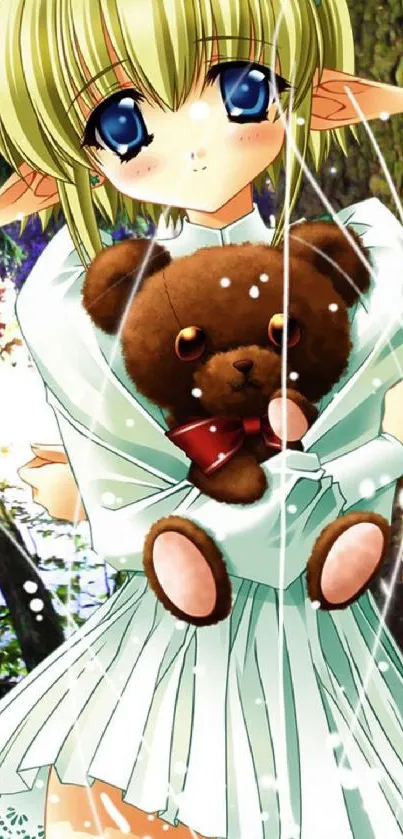 Anime girl with elf ears, blue eyes, and a teddy bear in a green forest.