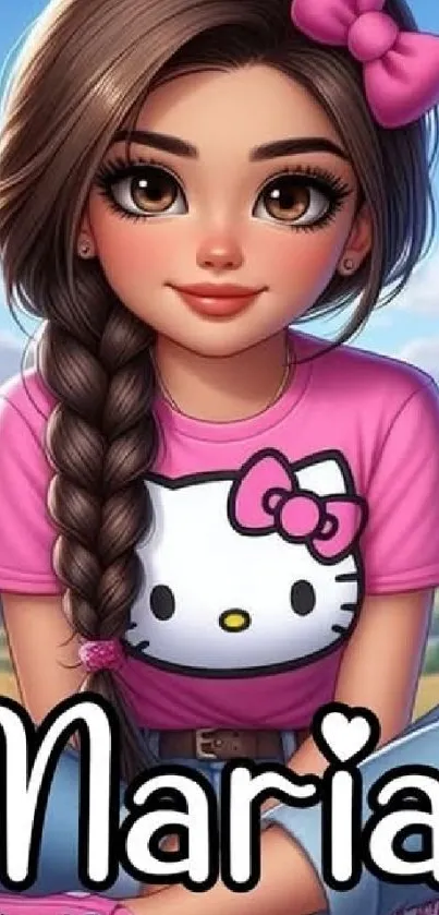 Cute anime girl with braided hair and pink bow.