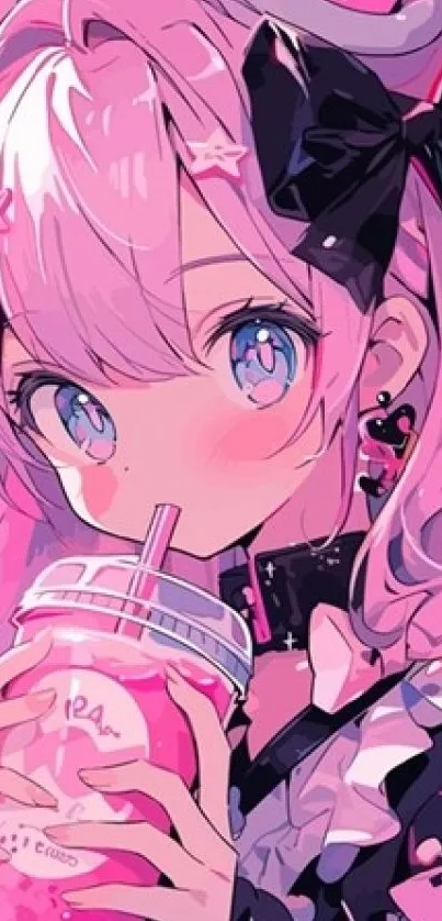 Anime girl with pink hair and bow drinking a pink beverage.