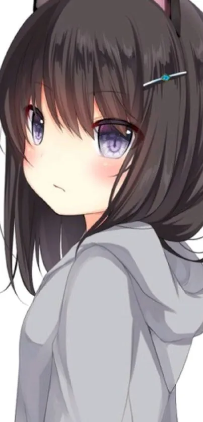 Anime girl with dark hair and cat ears, wearing a hoodie.