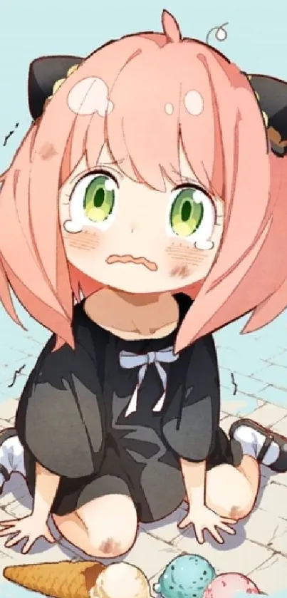 Pink-haired anime girl with green eyes sitting with ice cream on pastel background.