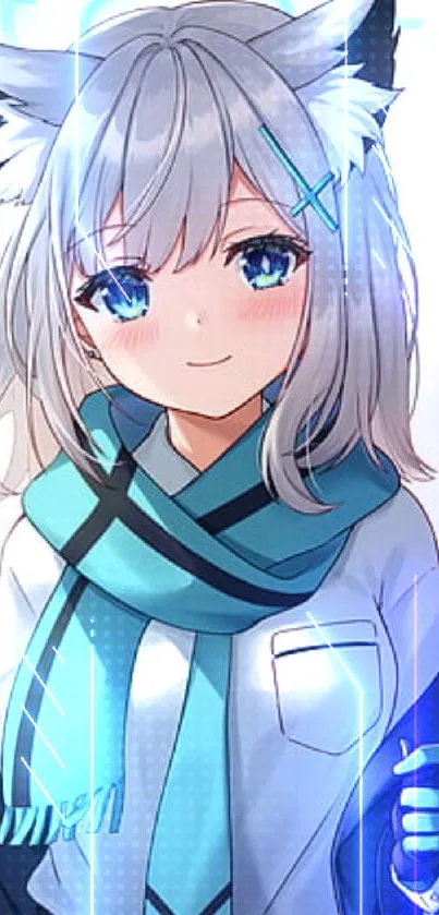 Anime girl with cat ears and blue eyes wearing a cyan scarf.