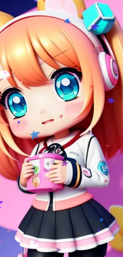 Chibi anime girl with headphones in vibrant colors.