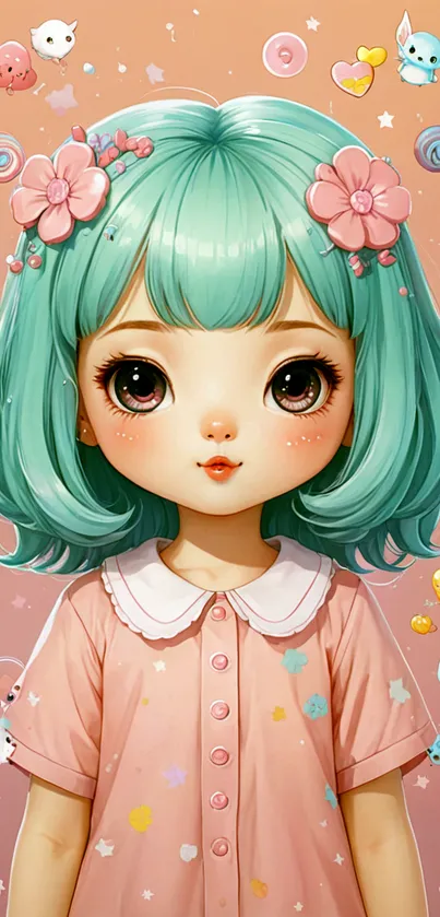 Cute anime girl with mint hair and pink dress, perfect for mobile wallpaper.