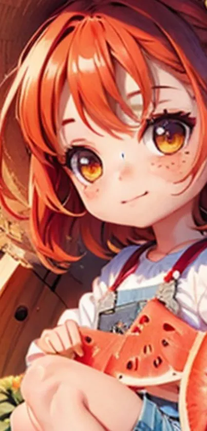 Cute anime girl with watermelon and straw hat.