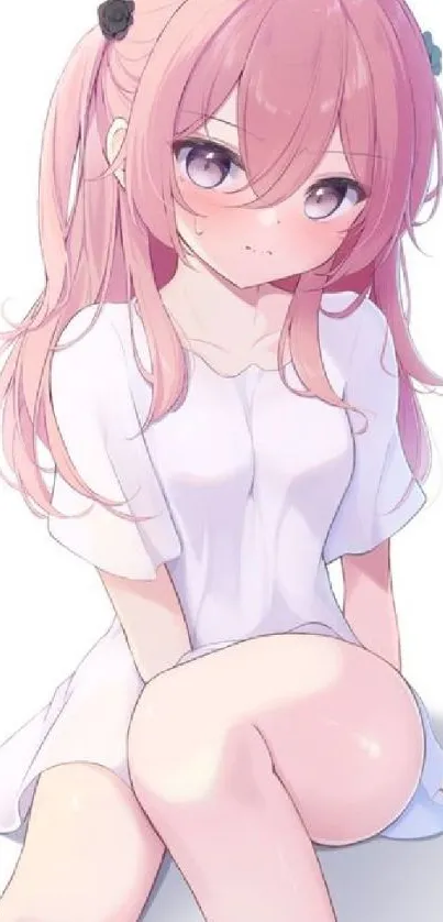 Cute anime girl with pink hair in a white dress sitting.