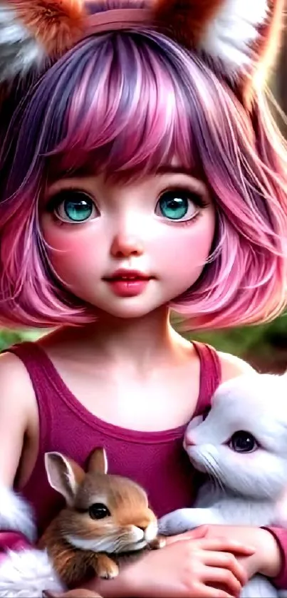 Cute anime girl with pink hair holding animals, vibrant colors.